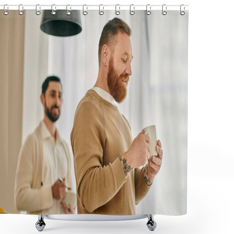 Personality  A Happy Gay Couple Standing In Front Of A Coffee Cup, Sharing A Loving Moment In A Modern Apartment. Shower Curtains