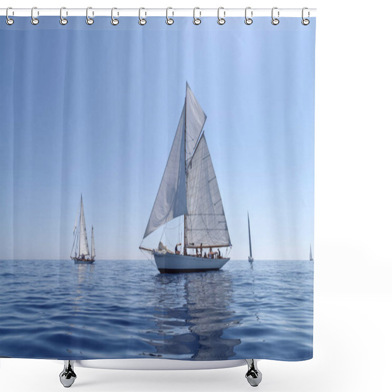 Personality  Imperia, Italy - September 10, 2023: Sail Yacht The Old Style, During Regatta In Gulf Of Imperia. Established In 1986, The Imperia Vintage Yacht Challenge Stage Is A Of The Most Important Event In Sailing The Mediterranean Shower Curtains