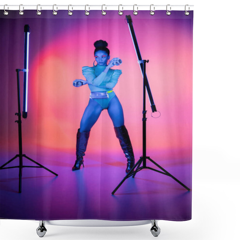 Personality  Fashionable African American Model Holding Disco Balls Near Neon Lamps On Purple Background Shower Curtains