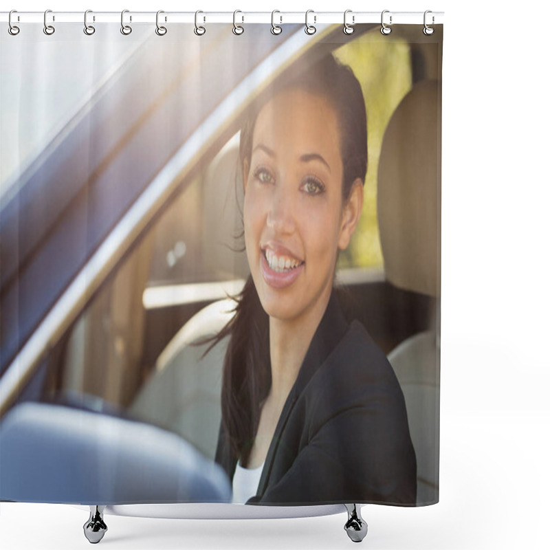 Personality  Business Woman Talking On Her Mobile Phone Outside An Office Bussiness. Shower Curtains