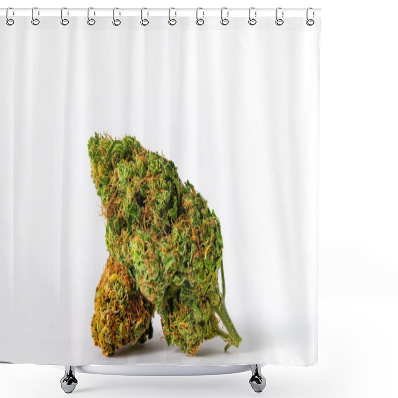 Personality  Close Up Prescription Medical Marijuana Flower. CBD Cannabis Bud Photography For Dispensary Menu. Medical Marijuana Strain. Weed Bud, Weed Flower On White Background. Shower Curtains