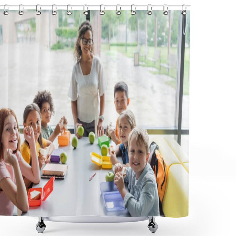 Personality  Happy Multiethnic Schoolkids Looking At Camera Near African American Teacher In School Eatery Shower Curtains