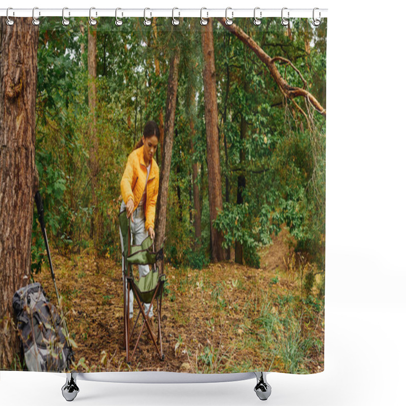 Personality  This Vibrant Autumn Day Finds A Young Woman Preparing Her Chair Amidst The Beauty Of The Forest. Shower Curtains