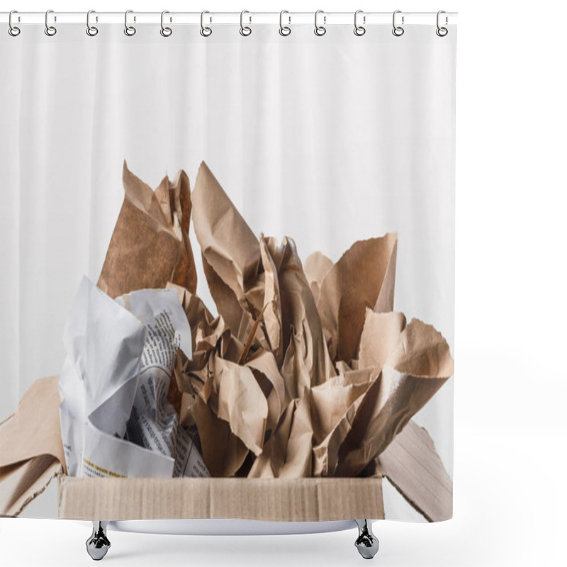 Personality  Close Up View Of Cardboard Box With Papers Inside Isolated On White Shower Curtains