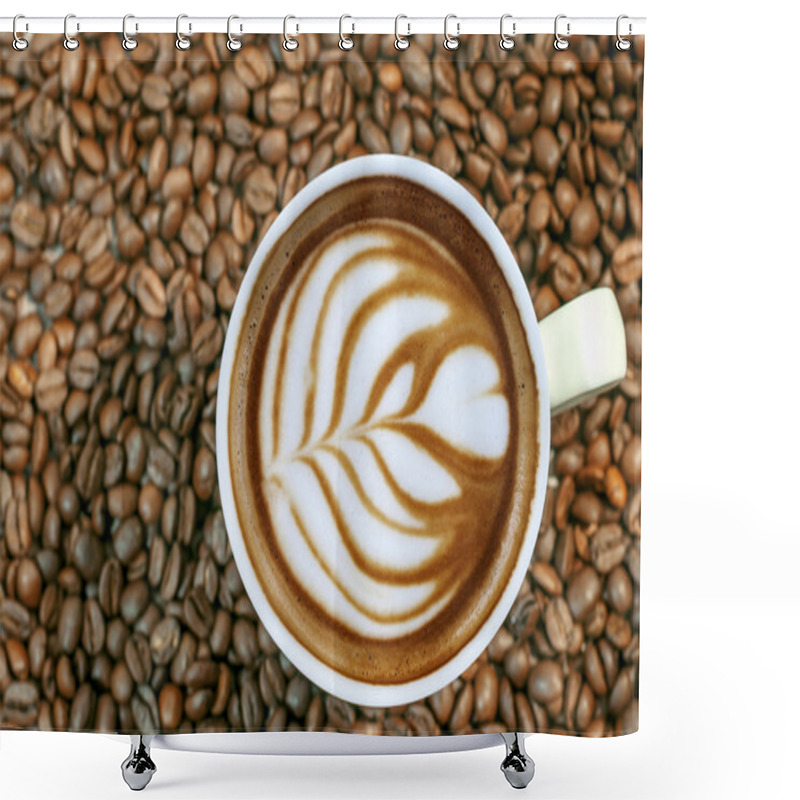 Personality  Coffee Bean Background With Cup Of Fresh Hot Espresso Coffee Art Close Shower Curtains