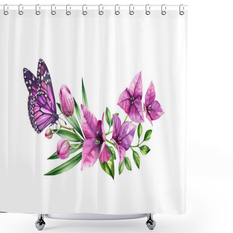 Personality  Watercolor Bougainvillea Bouquet With Butterfly. Purple Flowers, Violet Monarch And Palm Leaves. Hand Painted Floral Tropical Wreath. Botanical Illustrations Isolated On White Shower Curtains