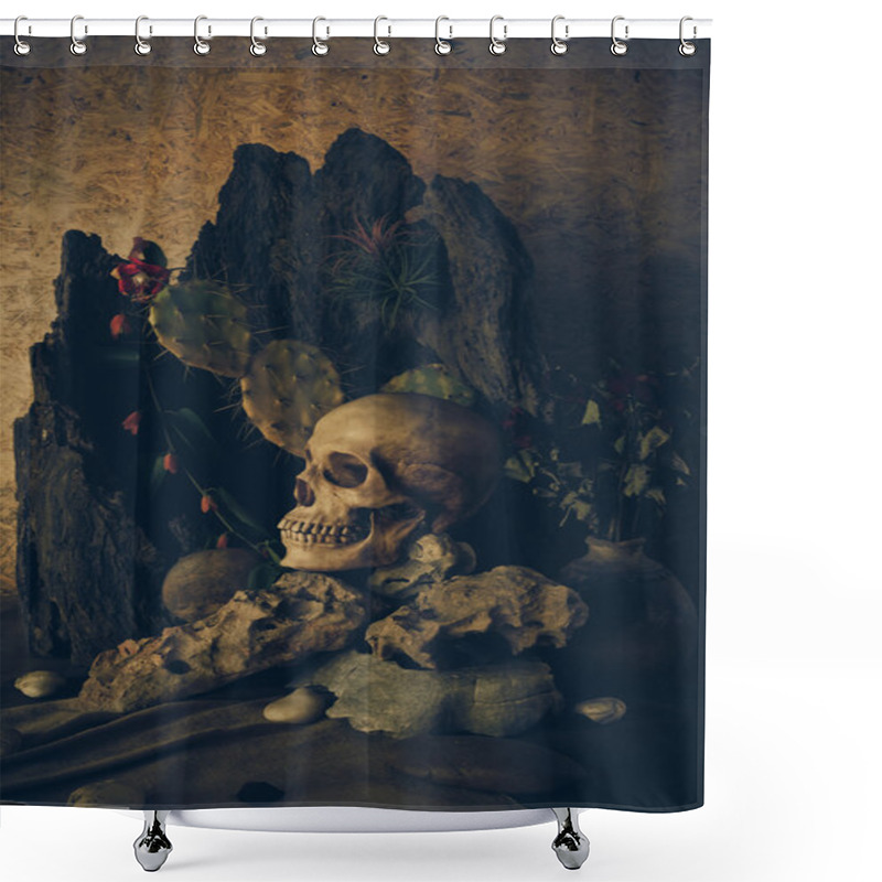 Personality  Still Life With A Human Skull With Desert Plants, Cactus, Roses  Shower Curtains