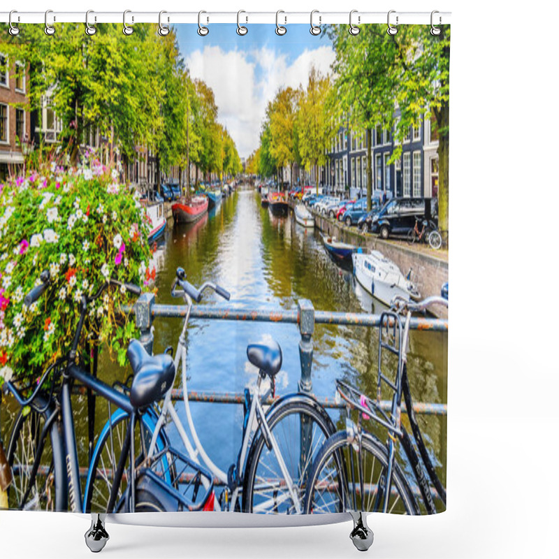 Personality  Amsterdam, Noord Holland/the Netherlands - Oct. 3 2018: Bikes And Flowers On The Prinsenstraat Bridge Over The Keizersgracht In The Center Of Amsterdam Shower Curtains