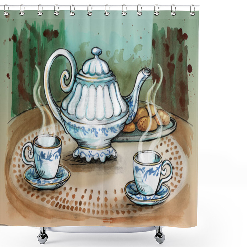 Personality  Teapot And Tea Cups On The Table Shower Curtains