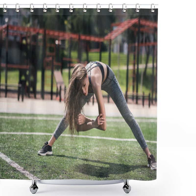 Personality  Woman Stretching On Sports Field Shower Curtains