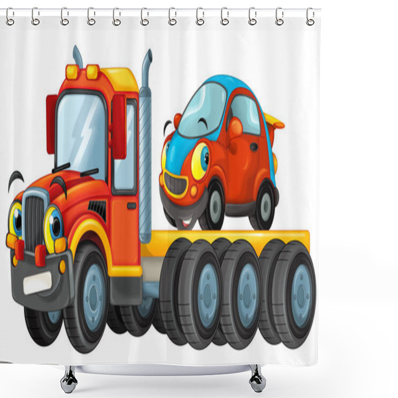 Personality  Cartoon Scene With Tow Truck Driving With Load Other Car Isolated Illustration For Children Shower Curtains