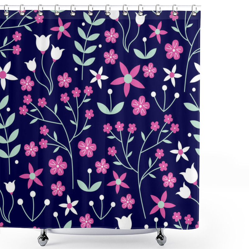 Personality  Vector Seamless Pattern Of Mixed Flowers, Laurels, Leaves In Hot Pink, White And Mint Green On A Dark Navy Blue Background. Great For Dressmaking Fabric, Bedroom Decor And Wallpaper. Shower Curtains