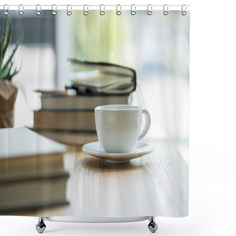 Personality  Close-up View Of Cup Of Coffee And Notebooks On Wooden Table Top Shower Curtains