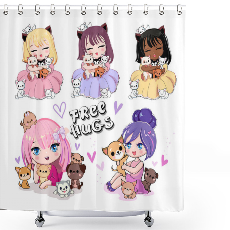 Personality  Cute Set With Cartoon Anime Girls With Little Kittens And Puppies. Vector Illustration Print For T-shirt Shower Curtains