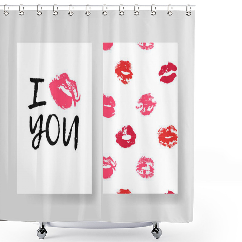 Personality  Set Of Templates For Romantic Cards. Hand Drawn Fashion Illustration Lipstick Kiss. Female Vector Patterns Brochures With Lips. Actual Artistic Valentines Day Design  Shower Curtains