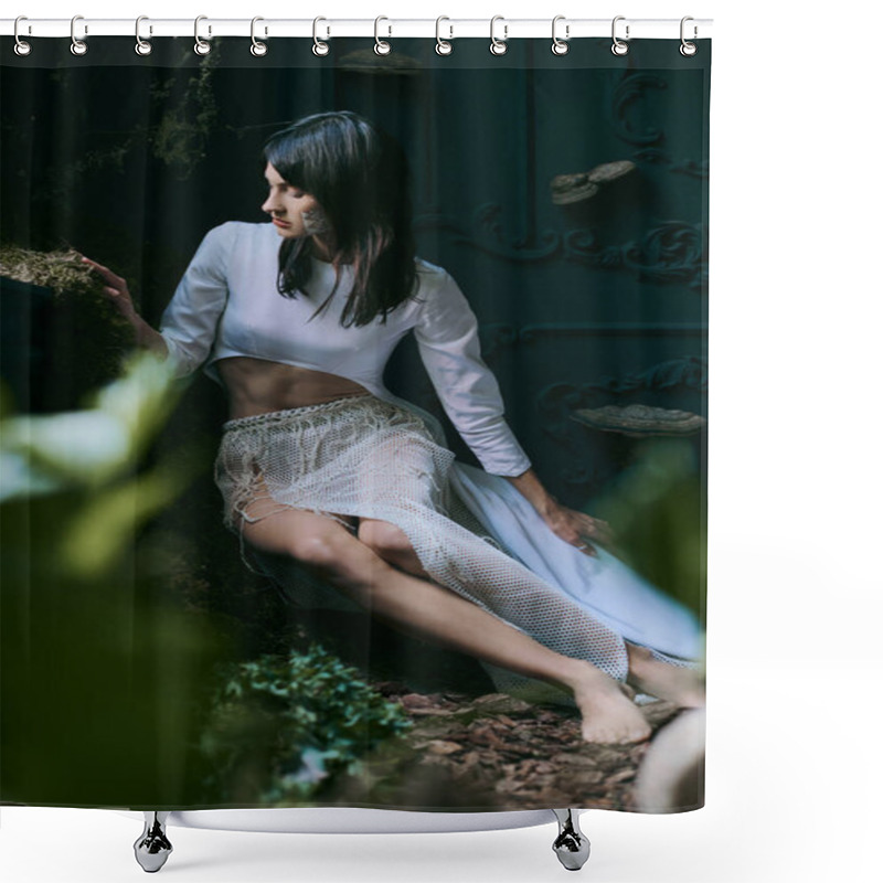 Personality  A Woman In A Flowing White Dress Poses Near A Swamp. Shower Curtains