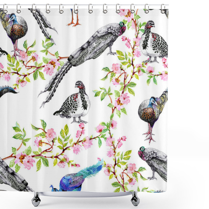 Personality  Peacocks On Flowering Tree Branches Shower Curtains