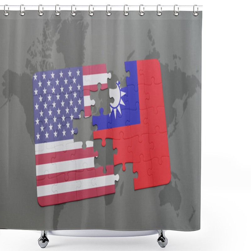 Personality  Puzzle With The National Flag Of United States Of America And Taiwan On A World Map Background Shower Curtains