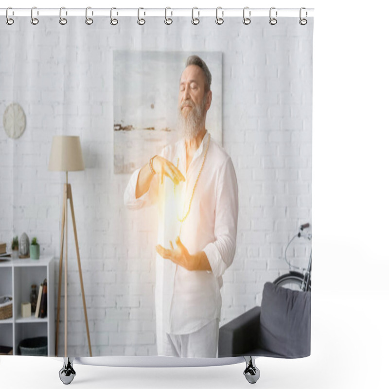 Personality  Bearded Senior Man Meditating With Closed Eyes Near Shining Aura Shower Curtains