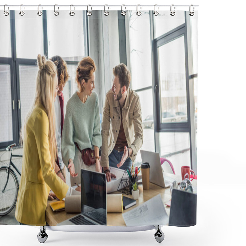 Personality  Group Of Smiling Female And Male Architects Working On Blueprint At Desk With Laptops In Loft Office Shower Curtains