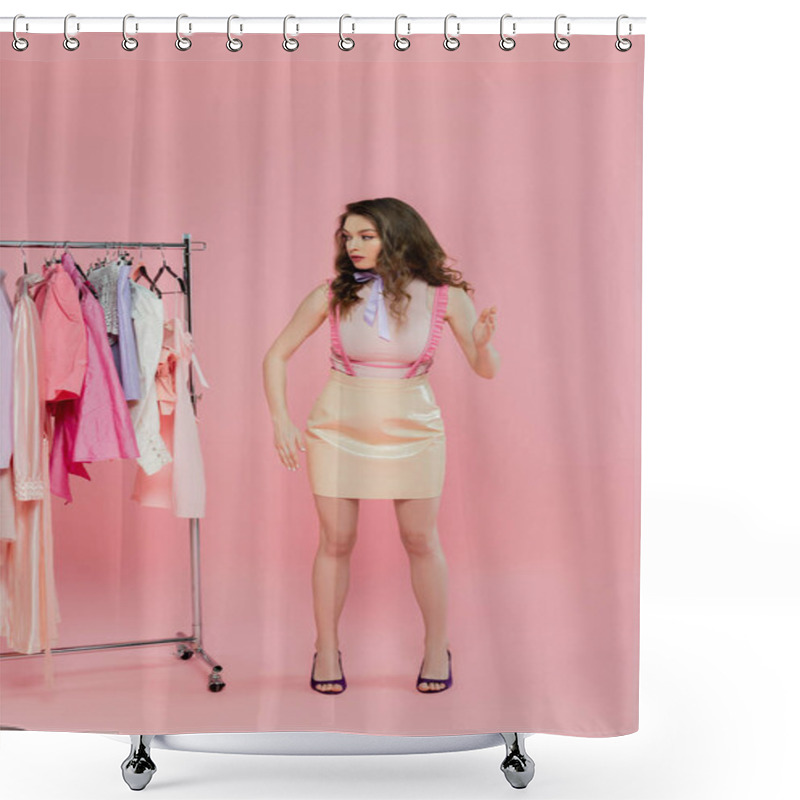 Personality  Wardrobe Selection, Beautiful Young Woman With Wavy Hair Choosing Clothes, Pretending To Be A Doll, Gesturing With Hands While Standing Near Clothes Rack, Pink Background  Shower Curtains