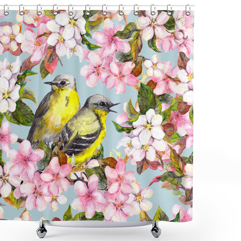 Personality  Seamless Repeated Floral Pattern - Pink Cherry, Sakura And Apple Flowers With Birds. Watercolor Shower Curtains