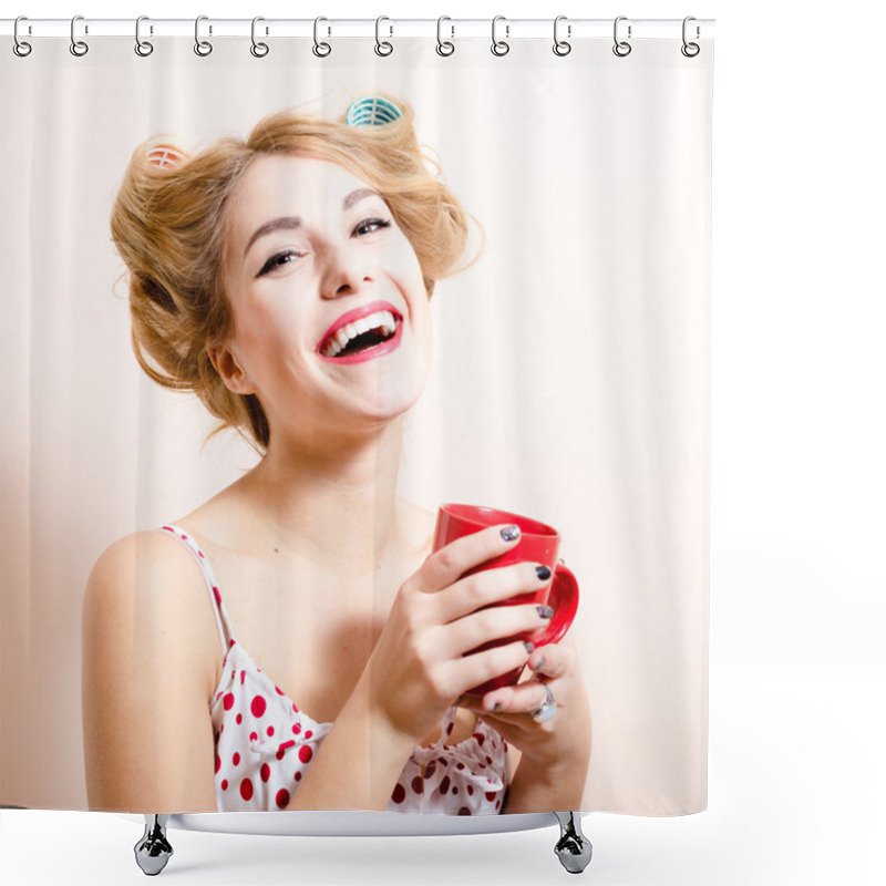 Personality  Beautiful Blond Funny Pinup Green Eyes Blond Woman With Curlers Happy Smiling Looking At Camera Drinking Tea & Having Fun Shower Curtains