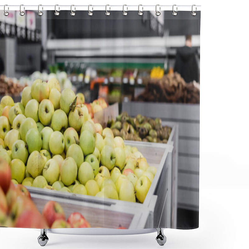 Personality  Fresh Apples Near Groceries On Blurred Background In Supermarket  Shower Curtains