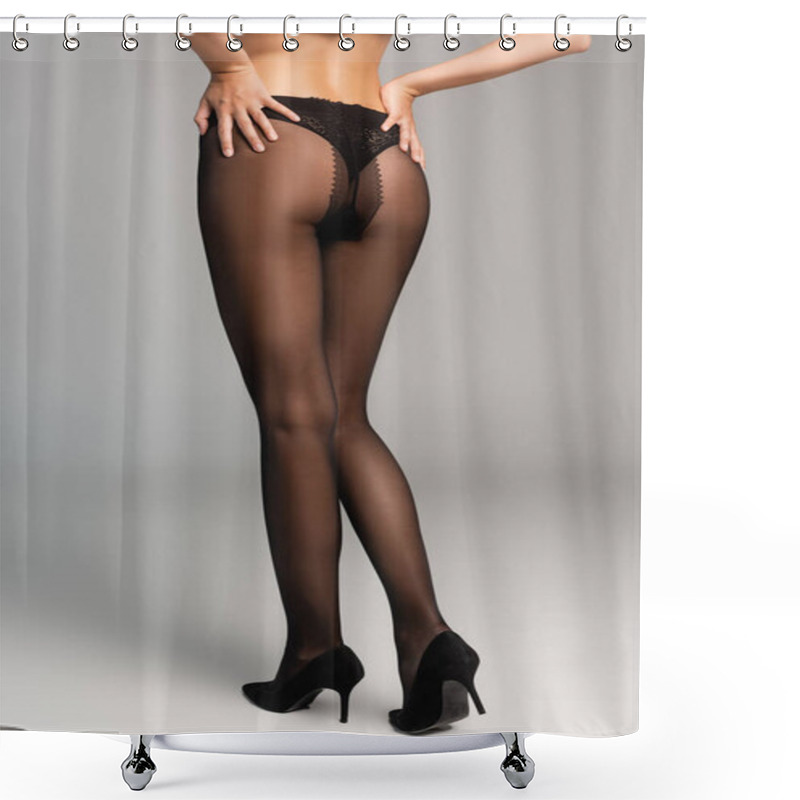 Personality  Cropped View Of Woman With Hands On Lower Back Wearing Black Tights And Shoes On Grey  Shower Curtains