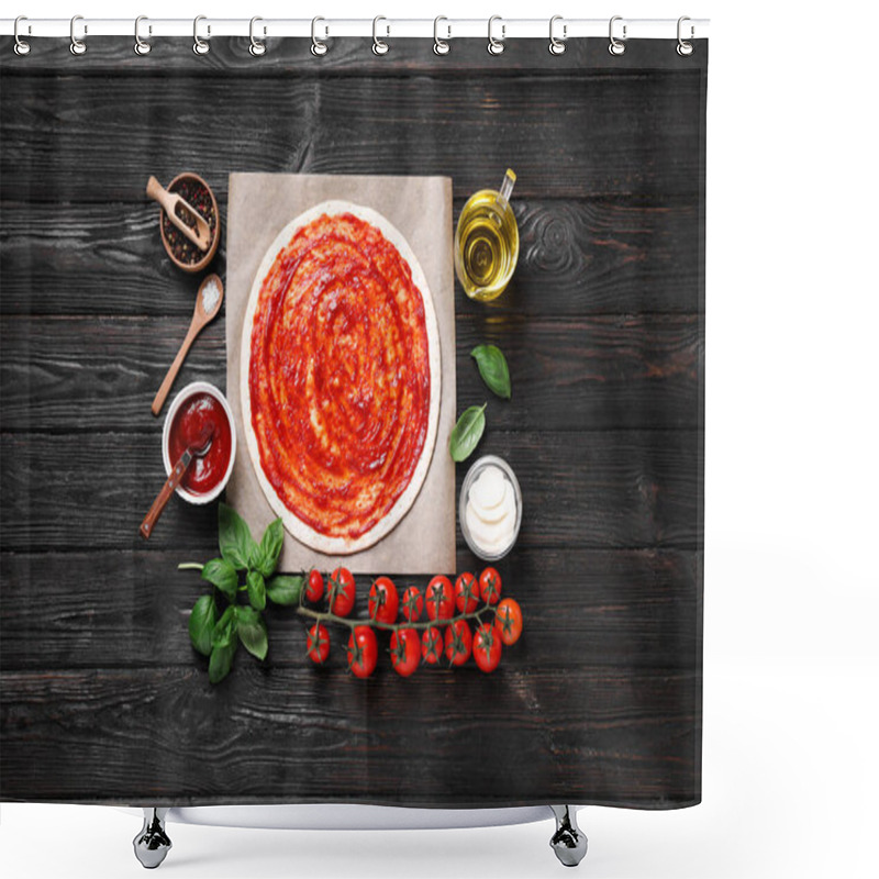 Personality  Flat Lay Composition With Fresh Ingredients For Pizza Margherita On Black Wooden Table Shower Curtains