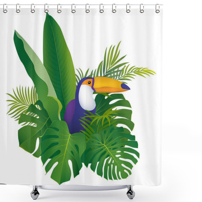 Personality  Composition Of Tropical Bird Toucan Sitting In Tropical Leaves Of Bananas, Monsteras And Palms Cut Out On White Background Shower Curtains