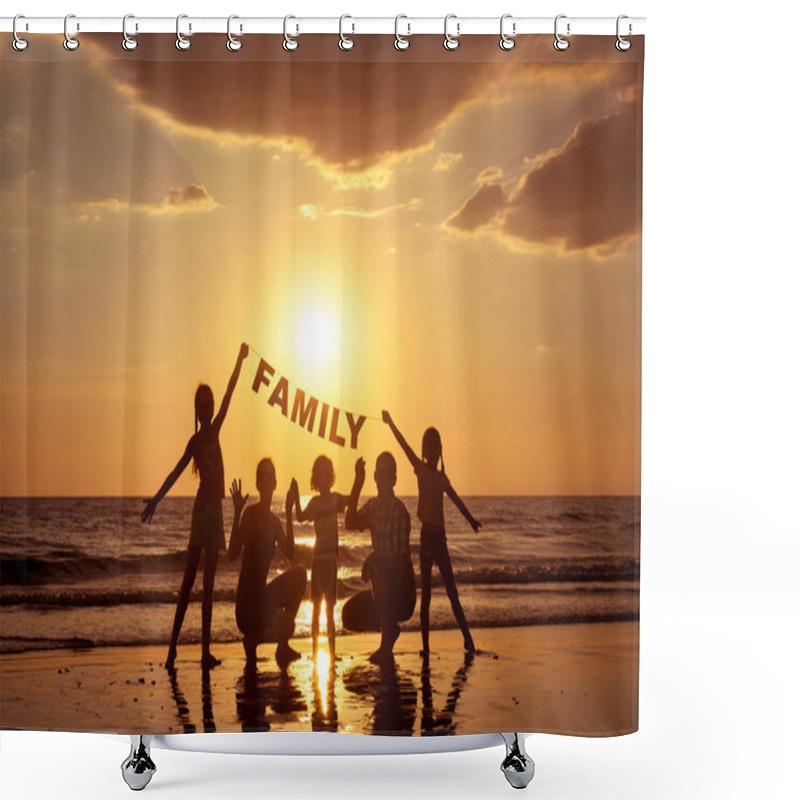 Personality  Happy Family Standing On The Beach At The Sunset Time.  Shower Curtains