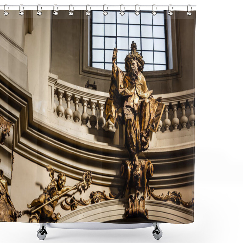 Personality  LVIV, UKRAINE - OCTOBER 23, 2019: Gilded Male Statue Near Balcony With Balustrade In Dominican Church Shower Curtains