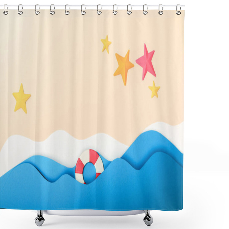 Personality  Top View Of Paper Beach With Starfishes On Sand Near Sea With Waves And Lifebuoy Shower Curtains