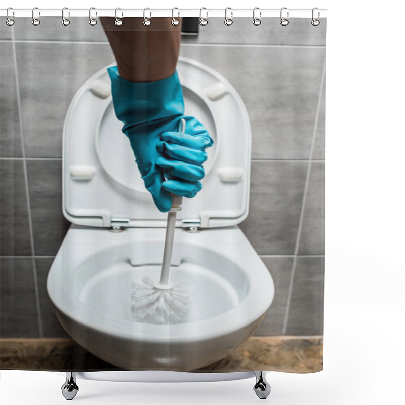 Personality  Cropped View Of Cleaner Cleaning Ceramic Toilet Bowl With Toilet Brush In Modern Restroom With Grey Tile Shower Curtains