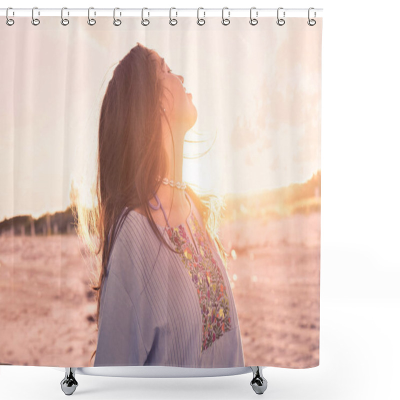 Personality  Latin Beautiful Girl Happy In Beach Sunset Shower Curtains