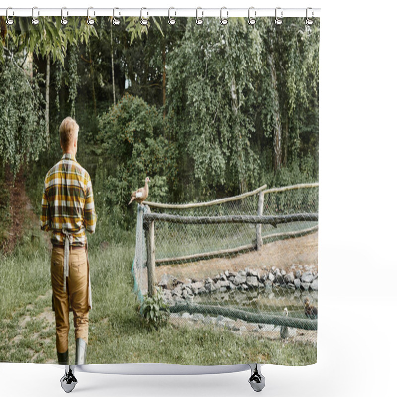 Personality  Back View Of Modern Farmer In Casual Attire Posing Next To Aviary With Geese While In Village Shower Curtains