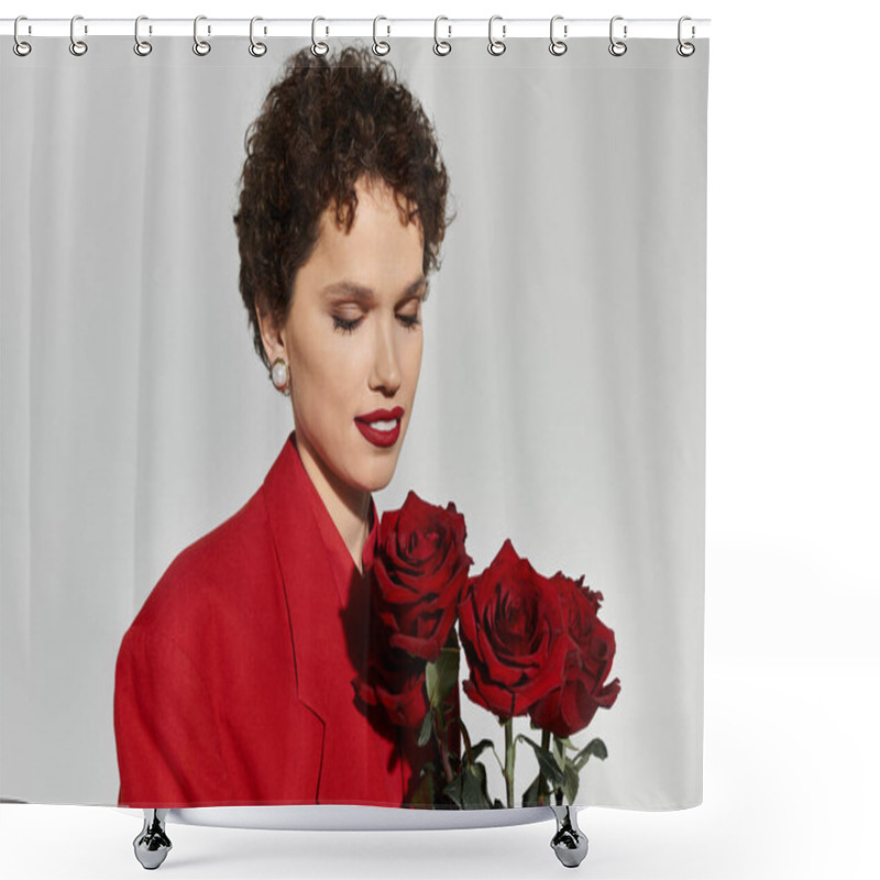 Personality  A Young Beautiful Woman Enjoys A Moment Holding Red Roses, Showcasing Vibrant Fashion And Elegance. Shower Curtains