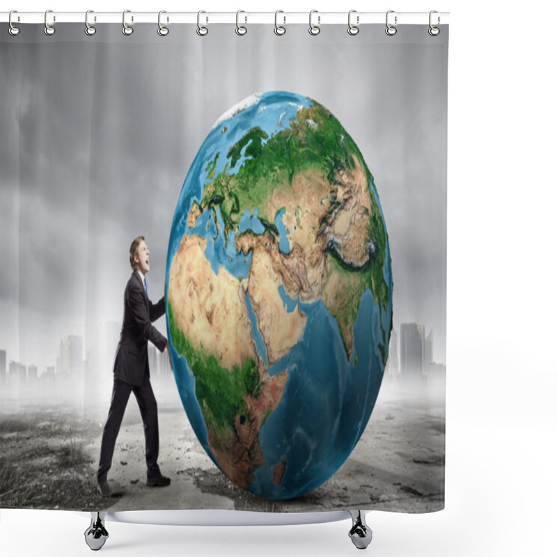 Personality  Businessman Pushing Big Earth Planet. Shower Curtains