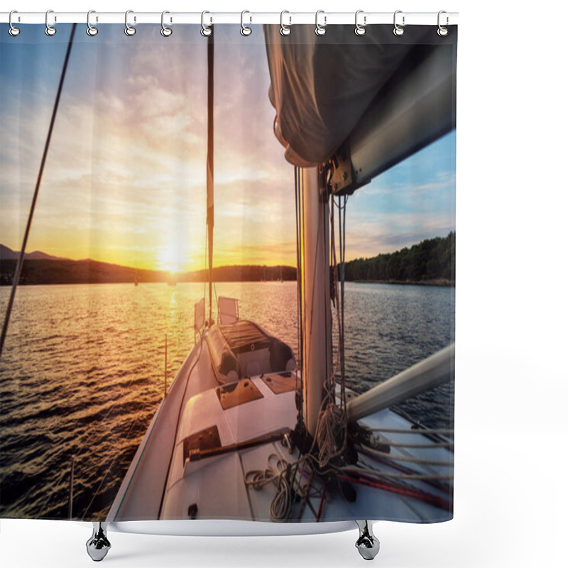 Personality  Close-up Of Yacht Sailing Against Beautiful Sunset Shower Curtains