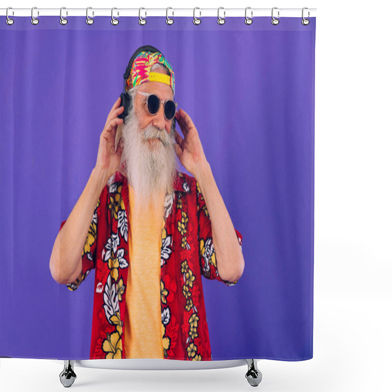 Personality  Senior Man With Eccentric Look  - 60 Years Old Man Having Fun, Portrait On Colored Background, Concepts About Youthful Senior People And Lifestyle Shower Curtains