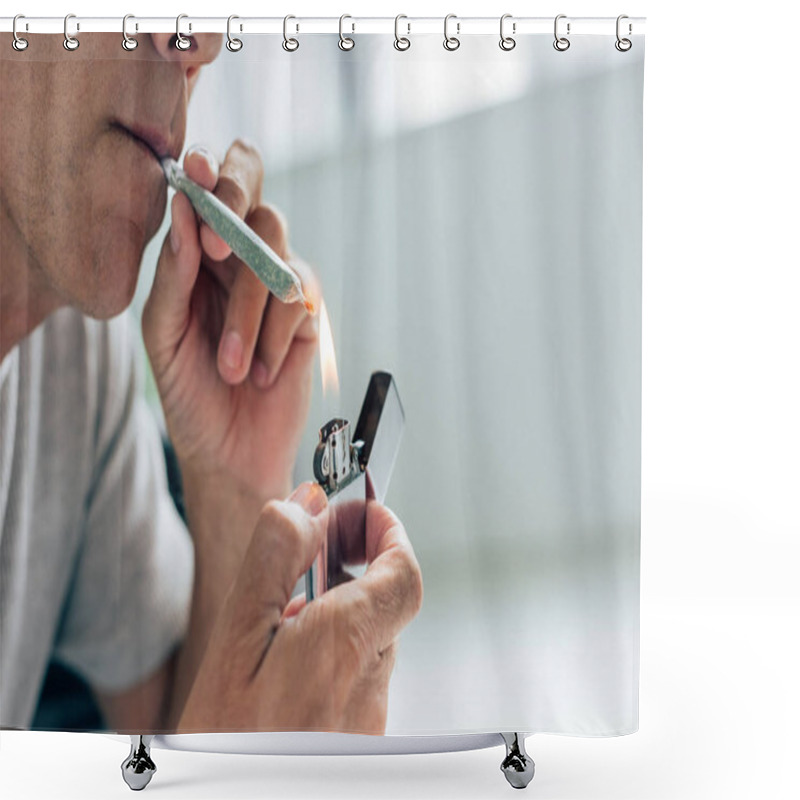 Personality  Cropped View Of Man Lighting Up Blunt With Medical Cannabis Shower Curtains