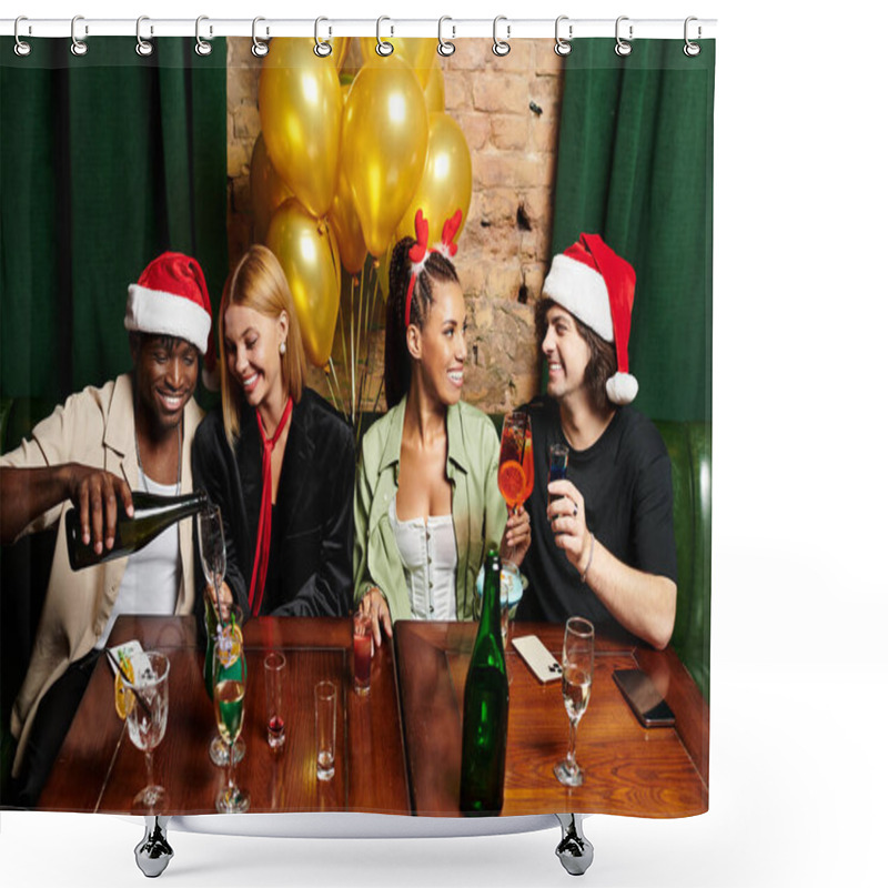 Personality  Four Young Professionals Share Laughter And Festive Drinks, Celebrating Together At A Party. Shower Curtains