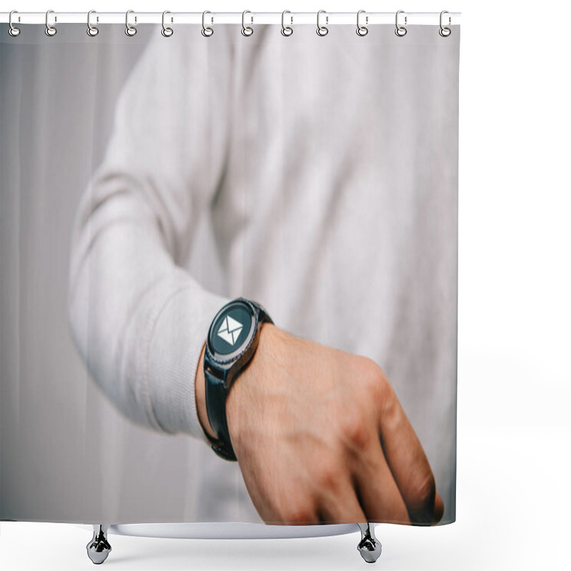 Personality  Partial View Of Man With Wristwatch With Email Icon Shower Curtains