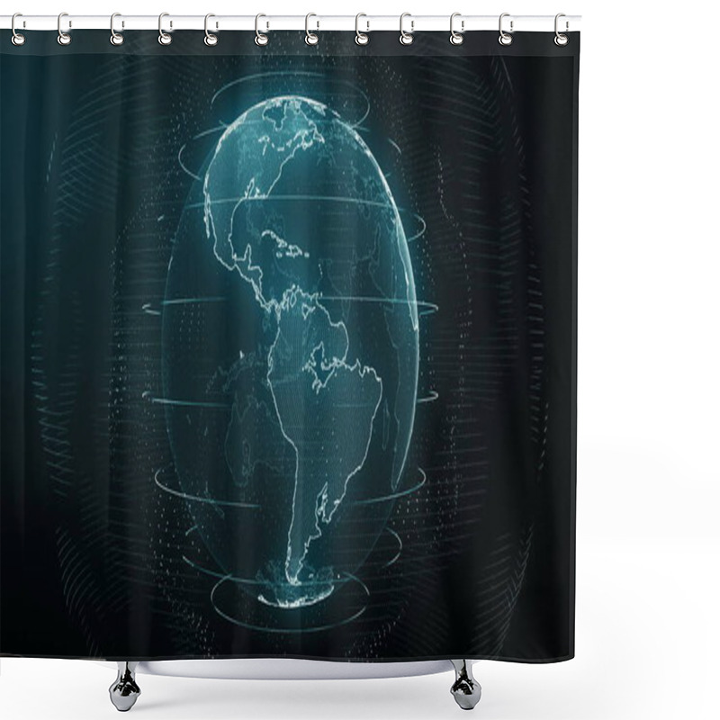 Personality  Futuristic Cyan Digital Earth America Skyline. Global Data Network Around Planet In Modern Age. Worldwide Internet And Blockchain. Technology, Connectivity, Science And Business Concept 3D Render Shower Curtains