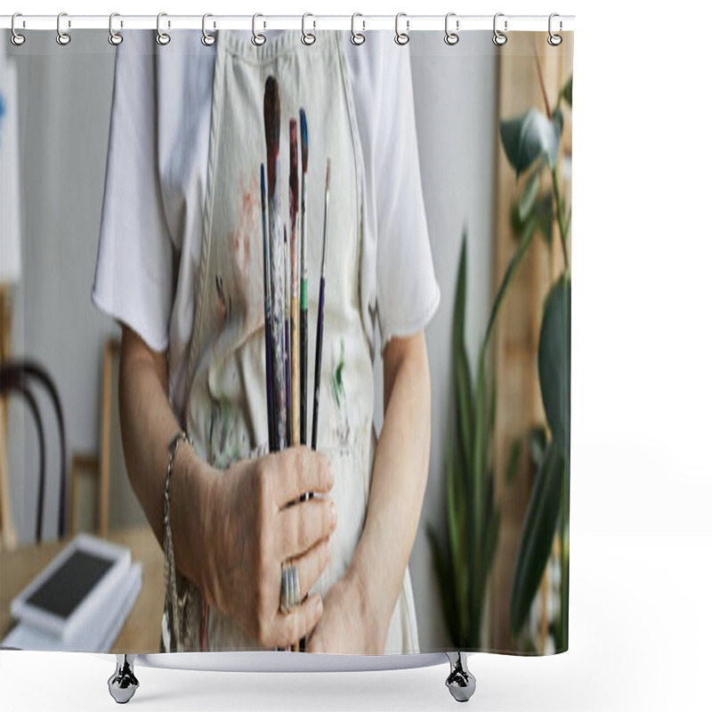 Personality  A Dedicated Painter Holds Brushes In Her Art Studio, Surrounded By Inspiration. Shower Curtains