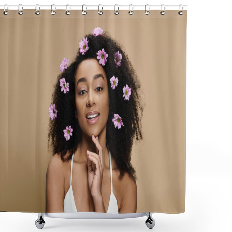 Personality  A Beautiful African American Woman With Natural Makeup And Flowers In Her Hair, Posing Against A Beige Background. Shower Curtains