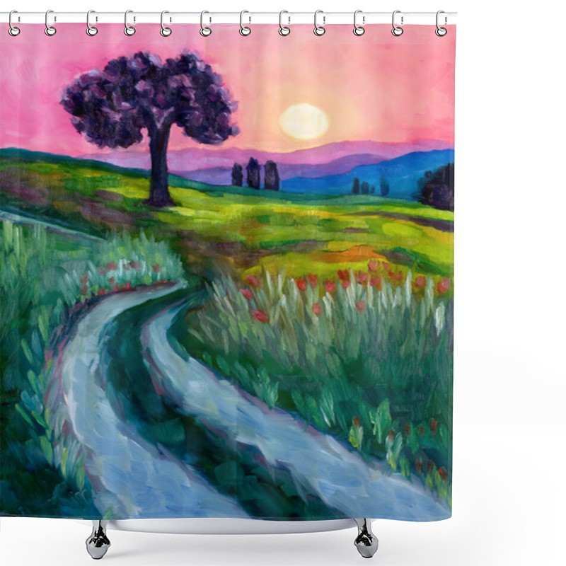 Personality  Contemporary Expressionism Oil Painting Depicting A Country Side Landscape At Sunset. Shower Curtains