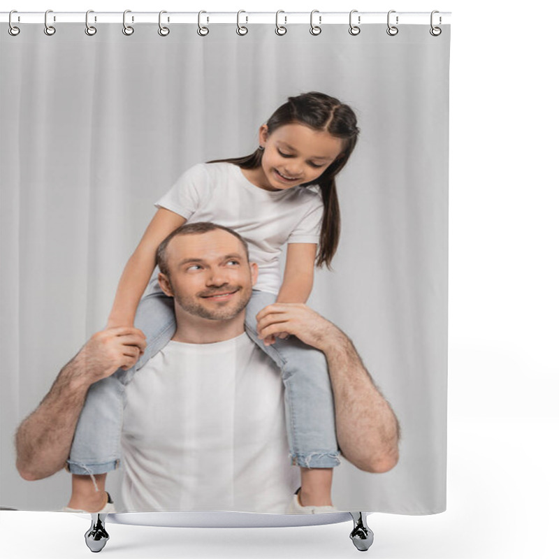 Personality  Happy Preteen Daughter With Long Brunette Hair Sitting On Shoulders Of Unshaved And Cheerful Father With Bristle On Grey Background, Child Protection Day, Father And Daughter  Shower Curtains