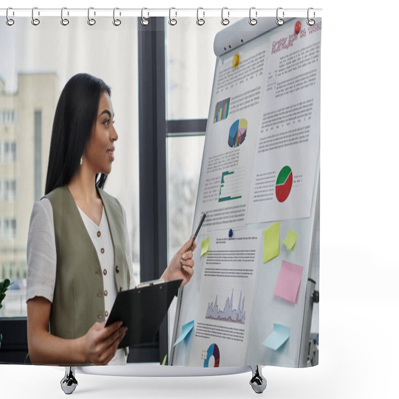 Personality  A Confident Woman Presents Data Insights In A Bright Workspace. Shower Curtains